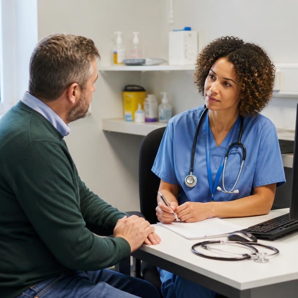 Foster carer discussing their health history with a medical professional during a consultation