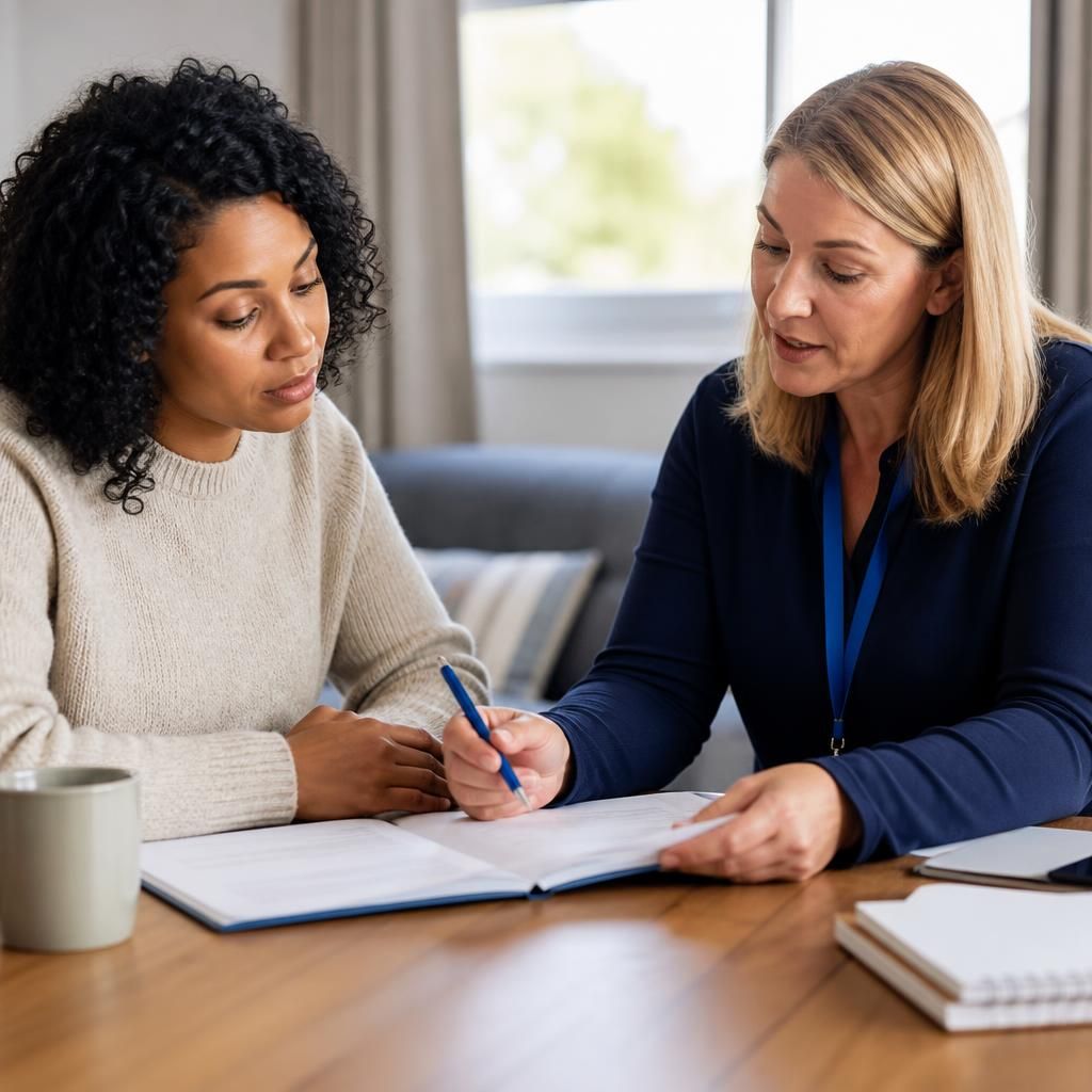 Applicant and assessing social worker reviewing a foster parent plan together
