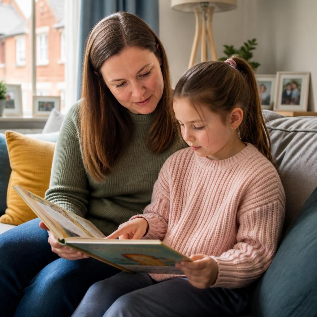 Adult and child reading together at home