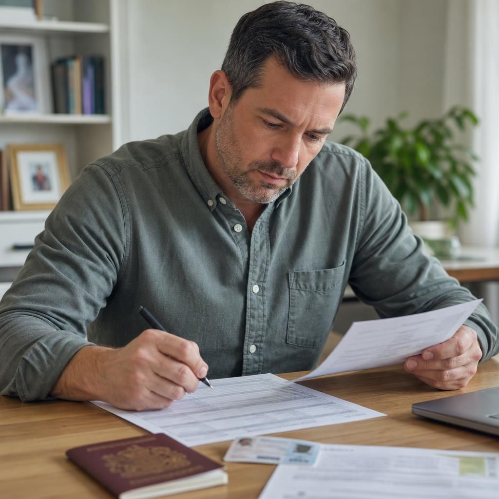 Foster carer completing a criminal record check form with identification documents