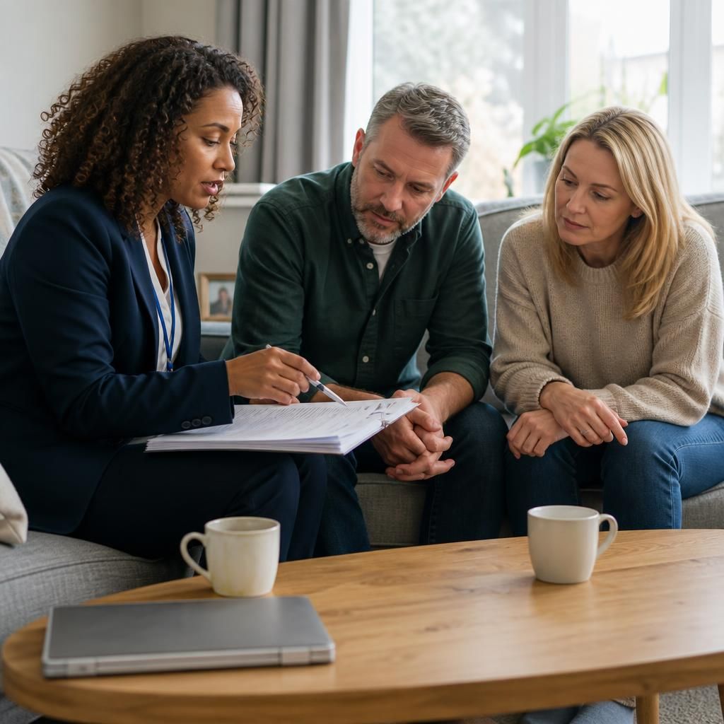Social worker discussing fostering assessment paperwork with a couple at home