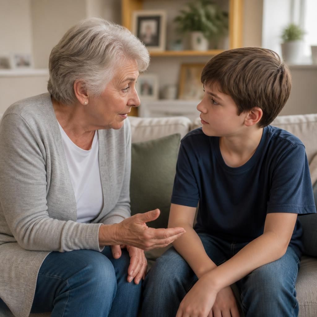 Grandparent talking with a child at home