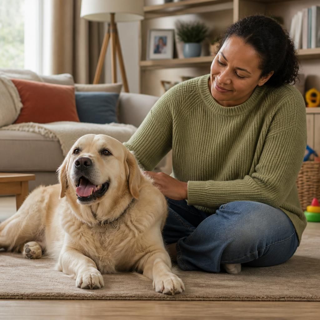 A dog resting in a family living room beside its owner