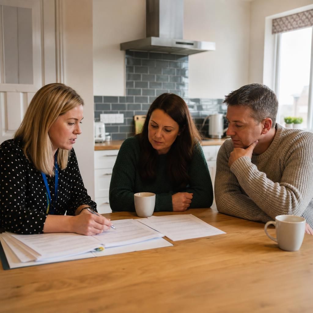 Social worker and prospective foster carers reviewing assessment paperwork at a kitchen table