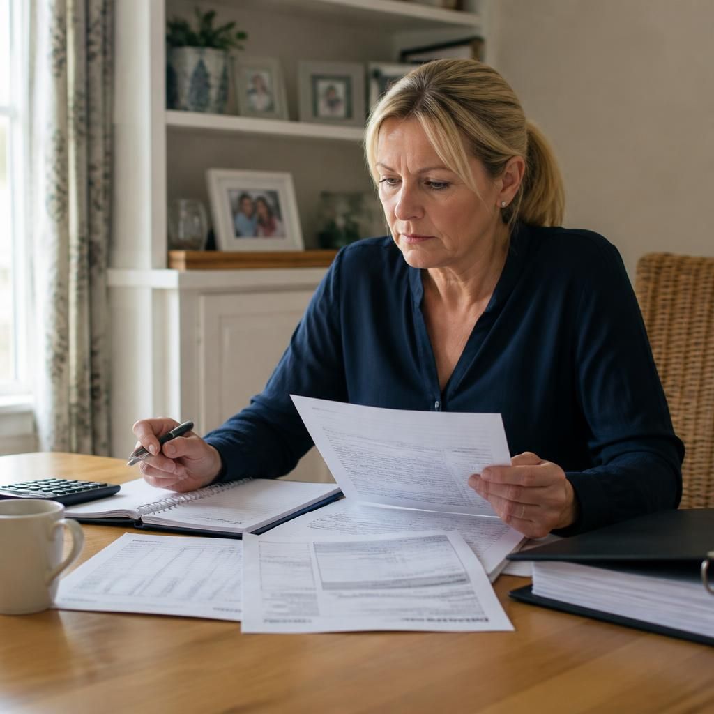 Foster carer reviewing placement paperwork and payment records at a table