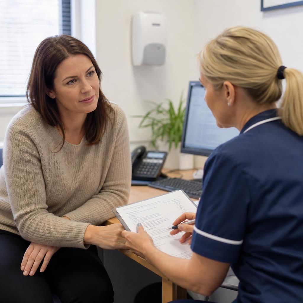 Foster carer discussing a health questionnaire with a medical professional
