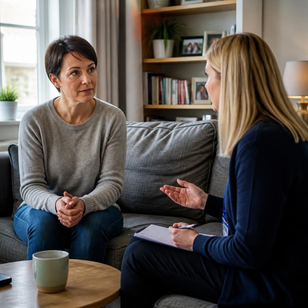 Single foster carer speaking with a social worker at home