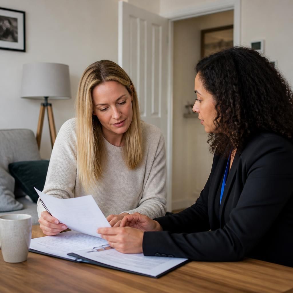 Tenant reviewing a tenancy agreement at home with a fostering adviser
