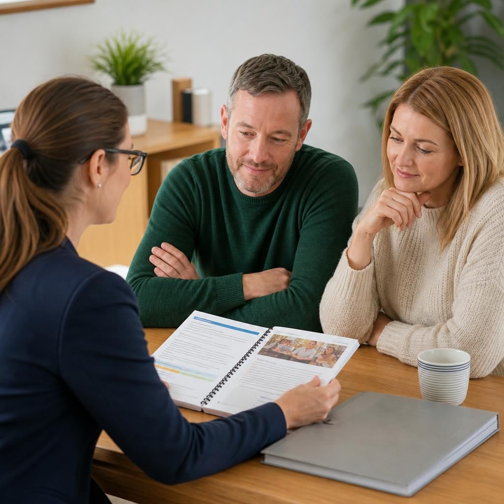 Prospective foster carers discussing training materials with a social worker at a table