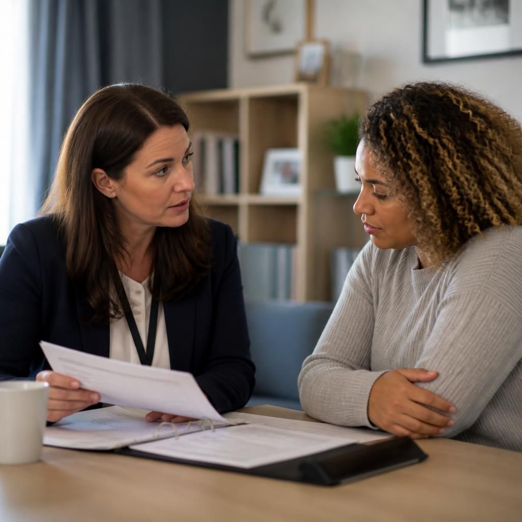Social worker reviewing fostering assessment documents with a prospective foster carer