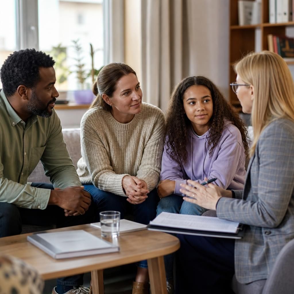 Family discussing how to support a child while working with fostering professionals