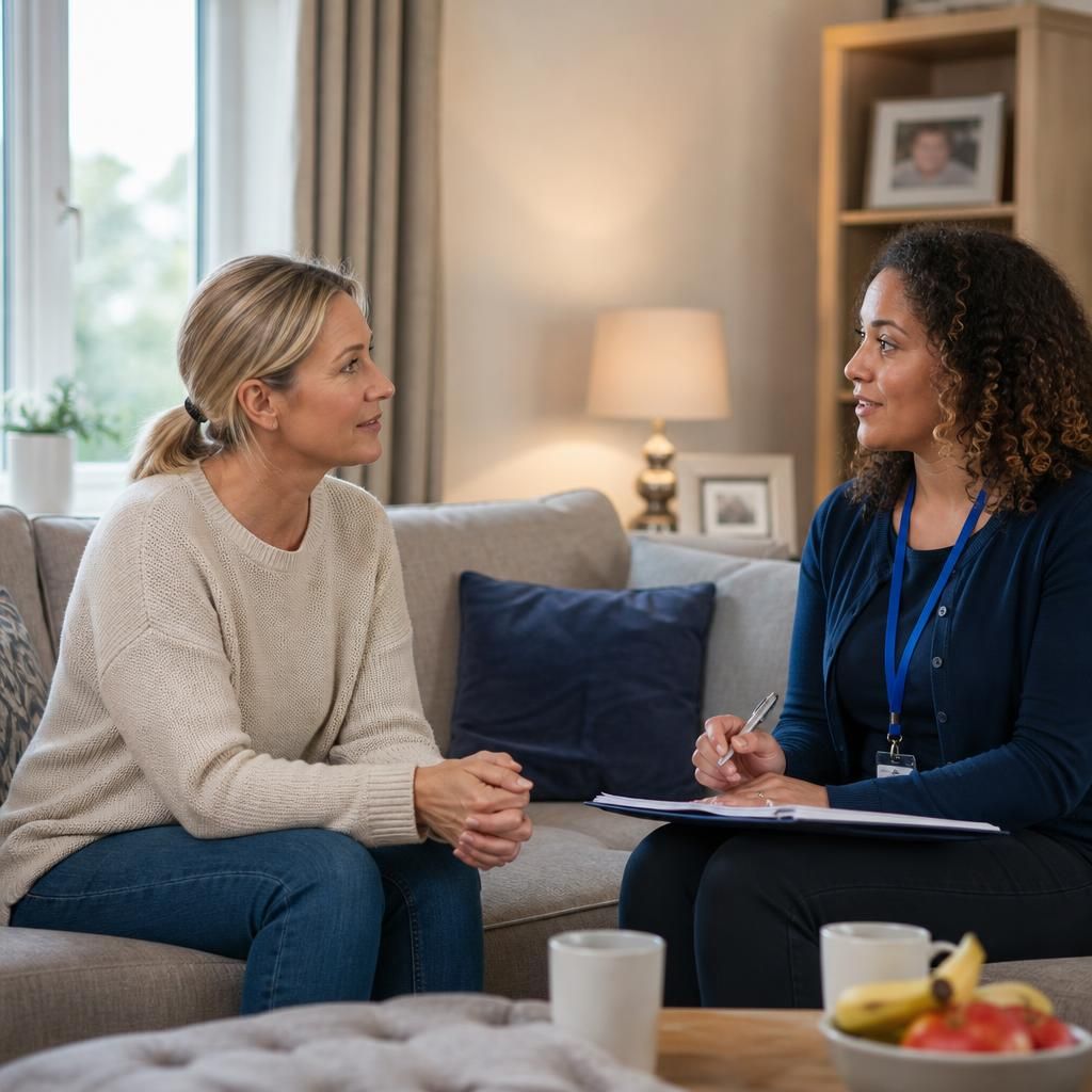 Foster carer speaking with a supervising social worker during a home visit