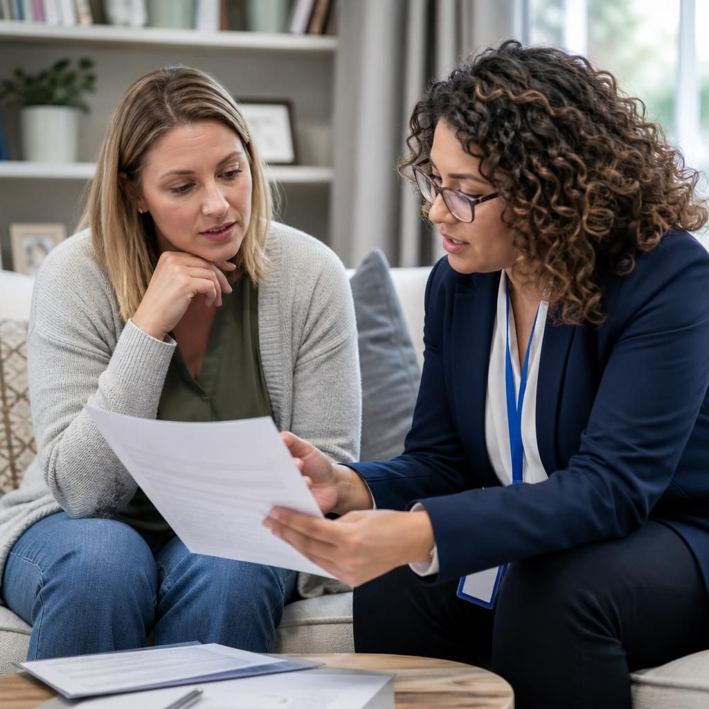 Prospective foster carer discussing application paperwork with a social worker at home