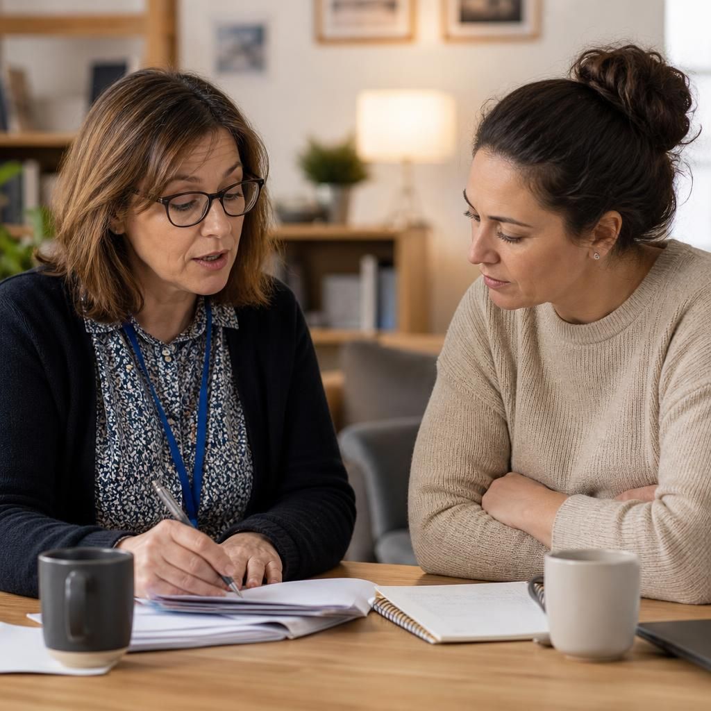Foster carer speaking with a local authority social worker at a table