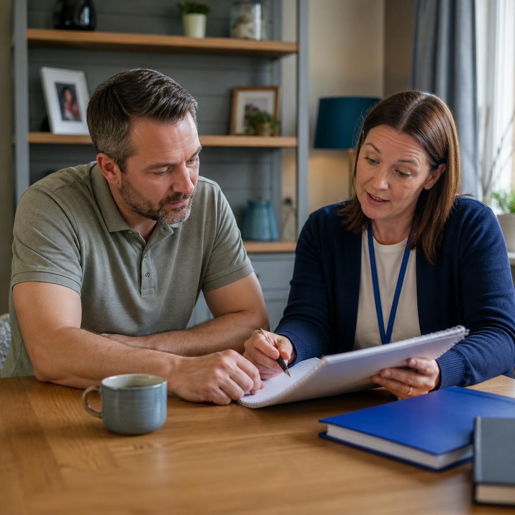 Foster carer and support worker reviewing placement notes at a table