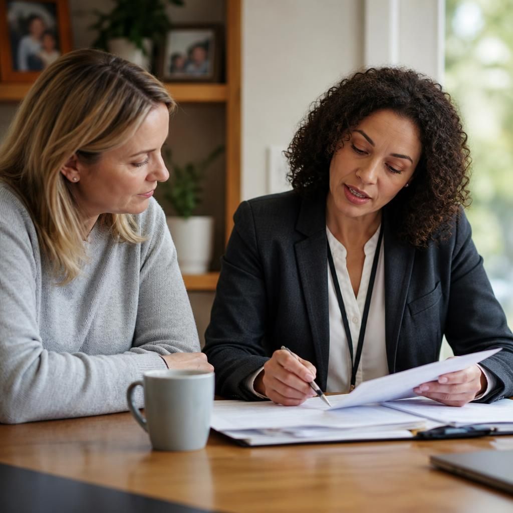 Foster carer and social worker reviewing paperwork together at a table
