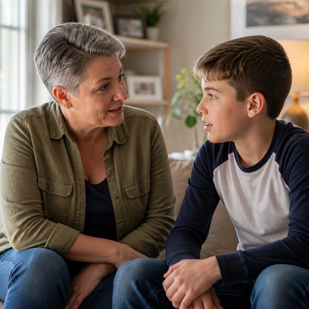 Kinship carer talking with a child at home