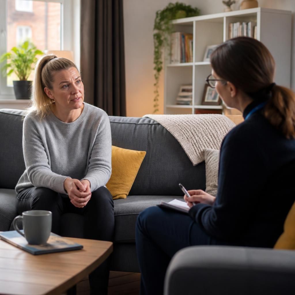 Single foster carer speaking with a social worker at home