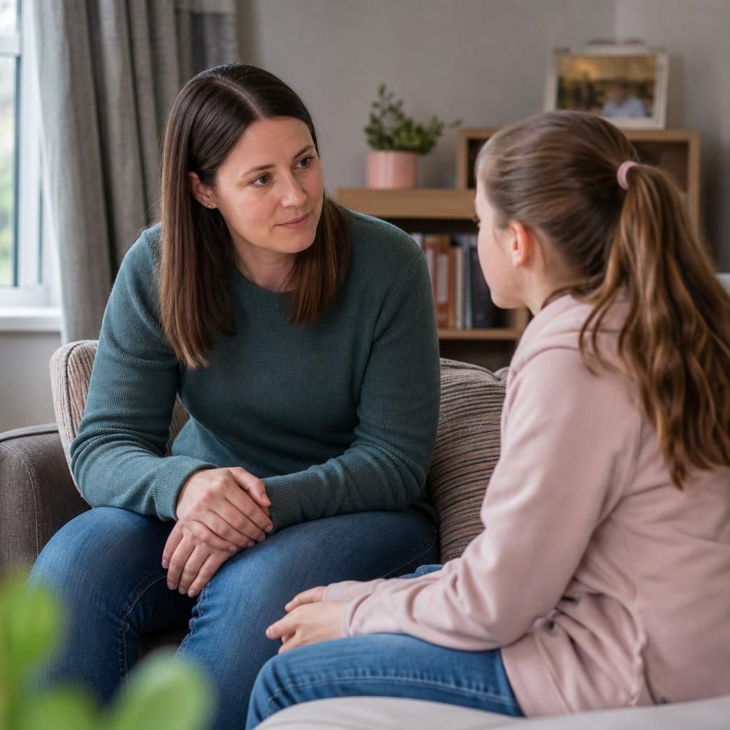 Foster carer speaking with a child in a welcoming home setting