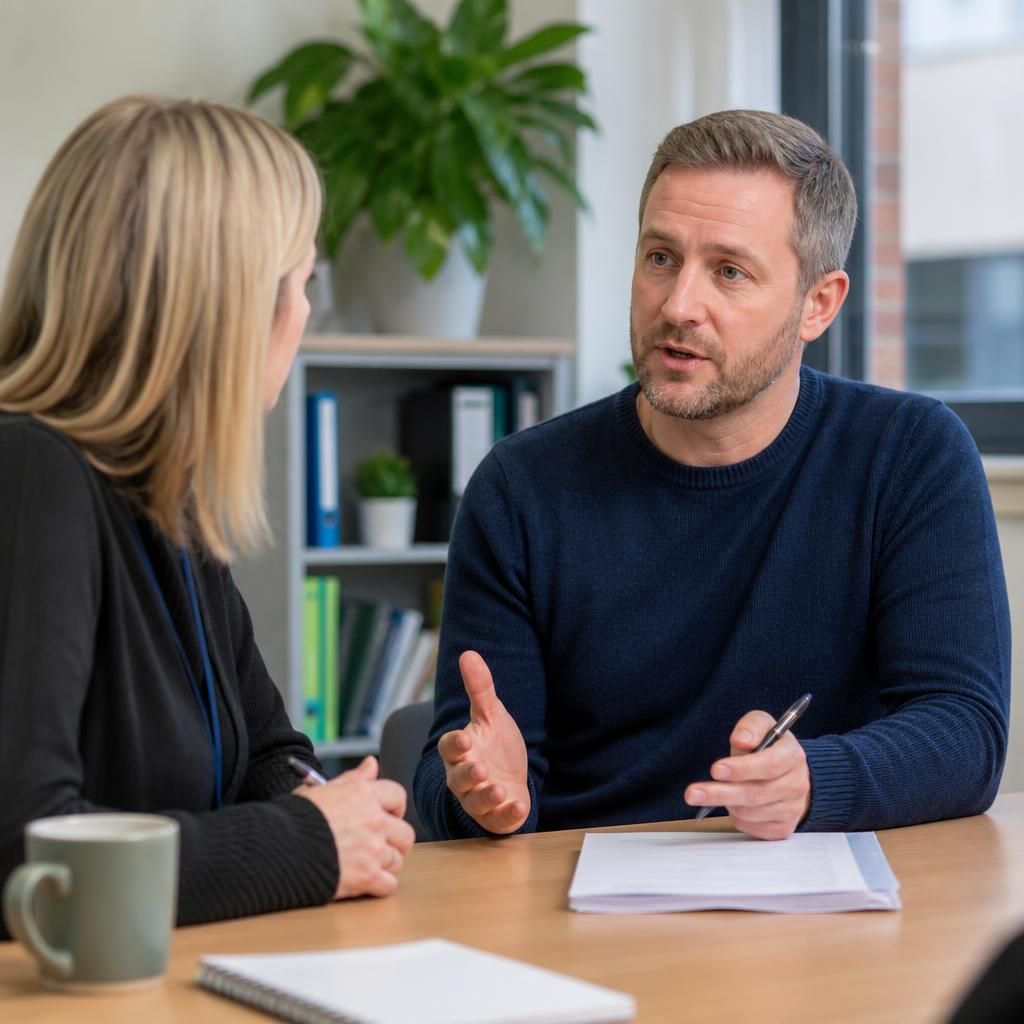 Foster carer discussing work arrangements with a social worker