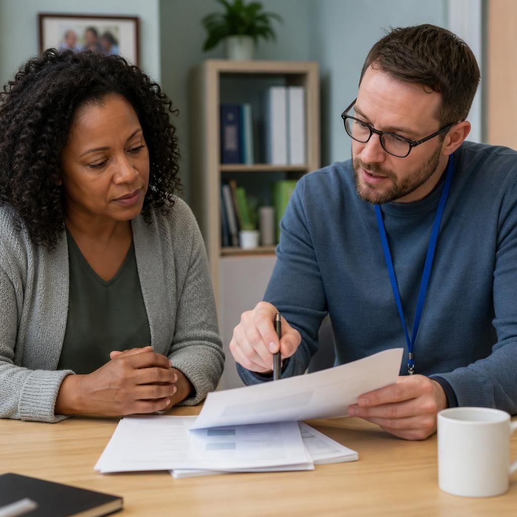 Foster carer and social worker discussing a child's placement information at a table