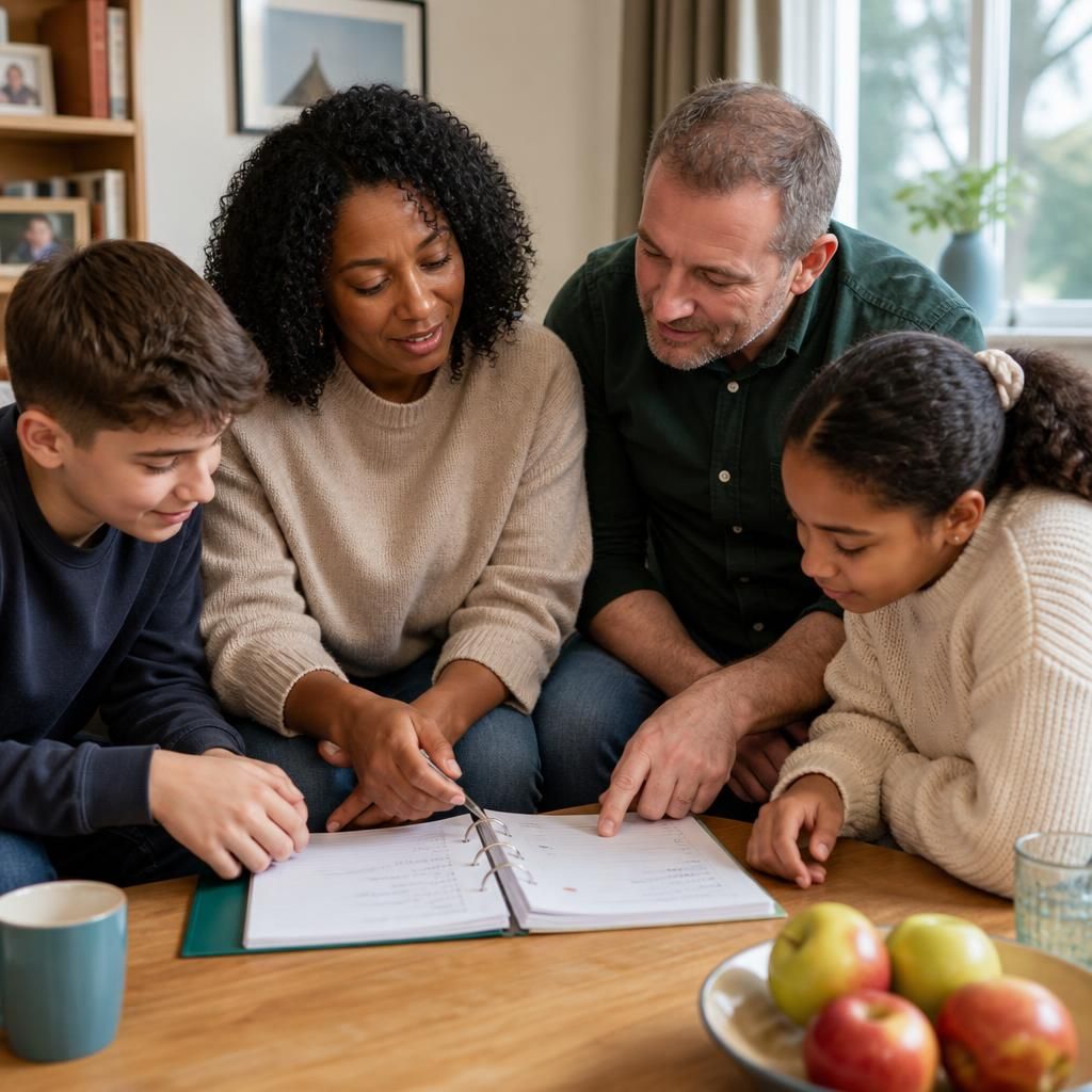 Family members sitting together and reviewing household rules