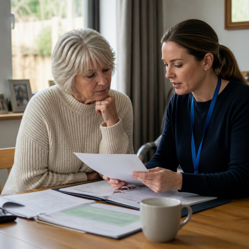 Social worker reviewing kinship care documents with a relative