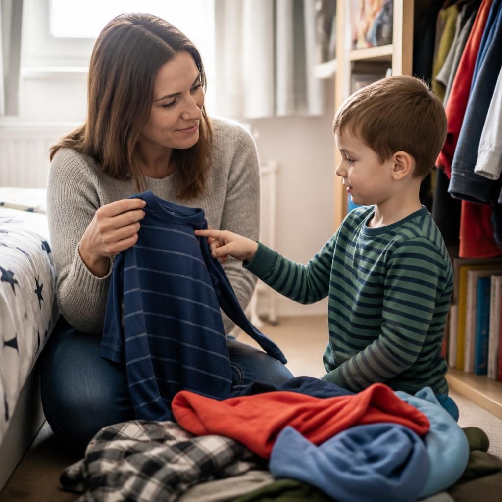 Foster carer helping a young child choose clothes at home