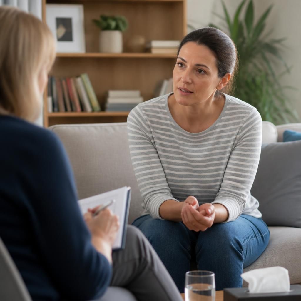 Foster parent speaking with a therapist during a counselling session