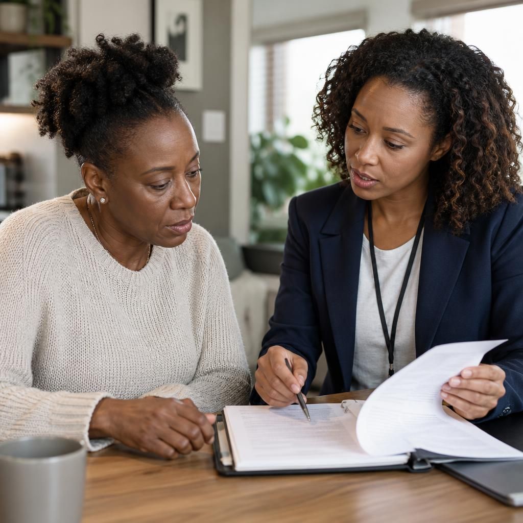 Kinship carer reviewing paperwork with a family support professional