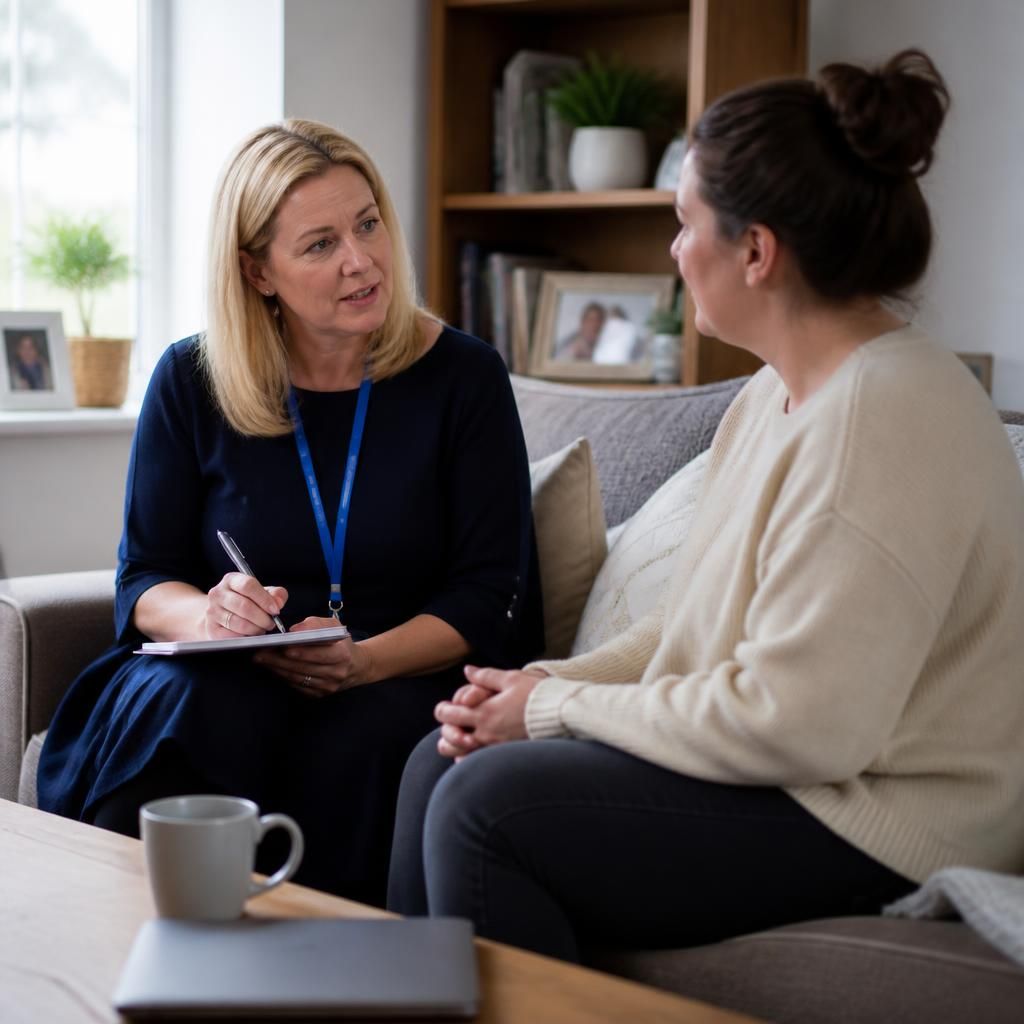 Social worker speaking with a foster carer at home