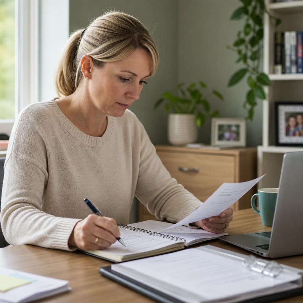 Foster carer reviewing training materials and placement notes at a desk