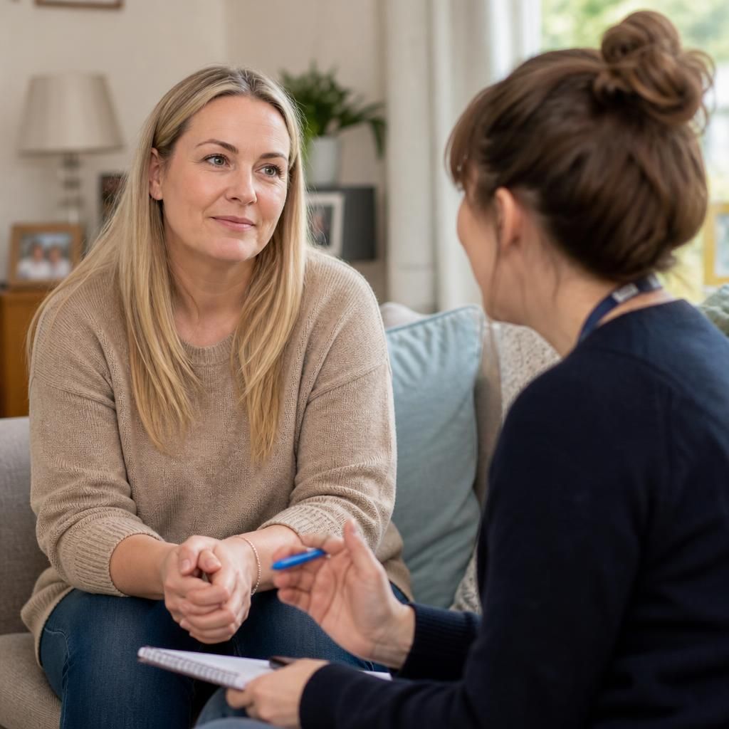 Foster carer speaking with a support worker at home