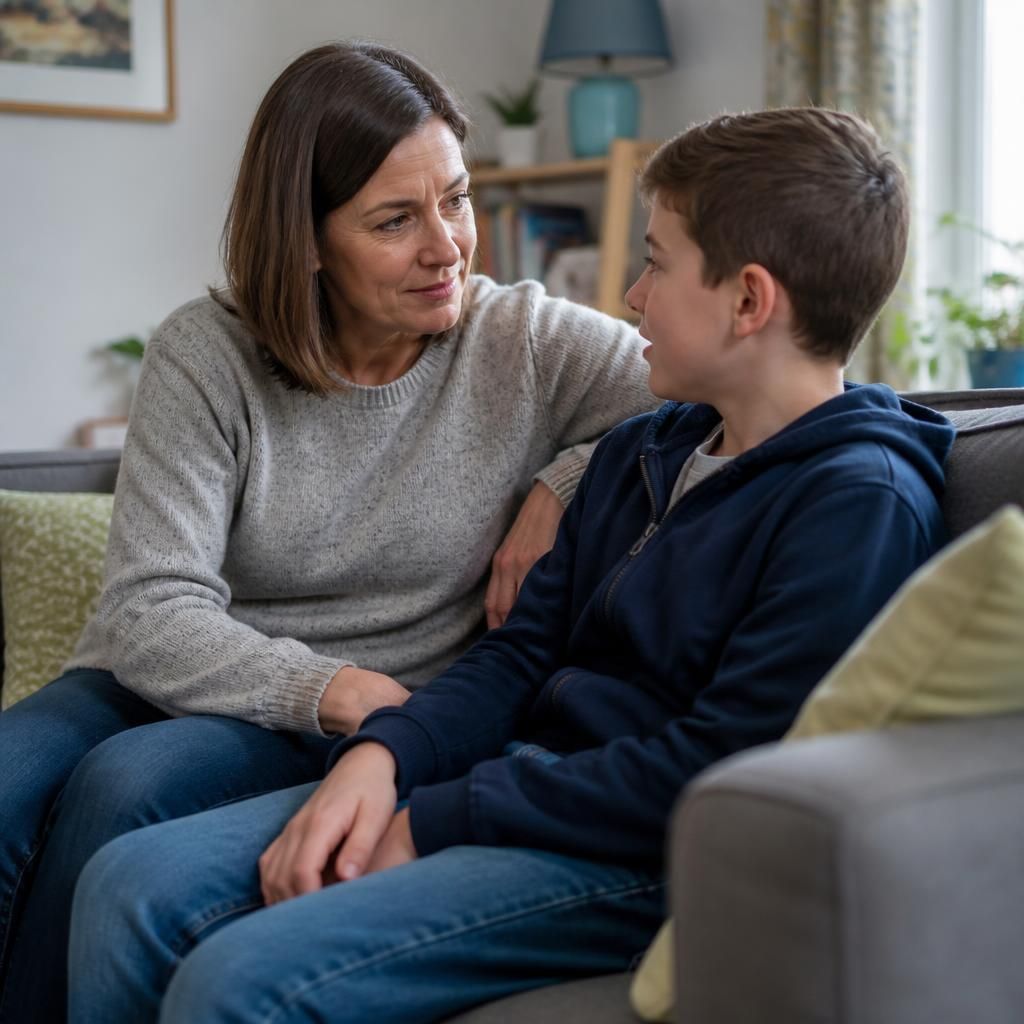 Foster carer talking with a school-age child at home