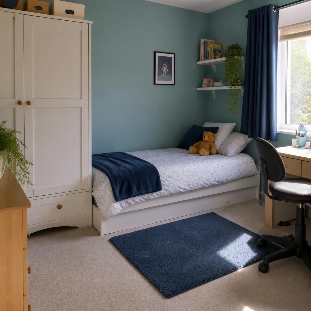 A tidy child’s bedroom with a bed, wardrobe and desk