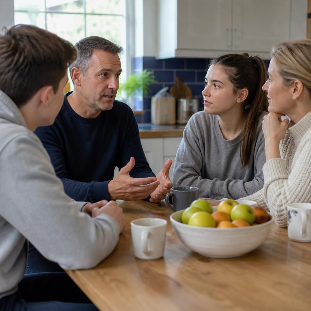 Foster carer talking with family members around a kitchen table
