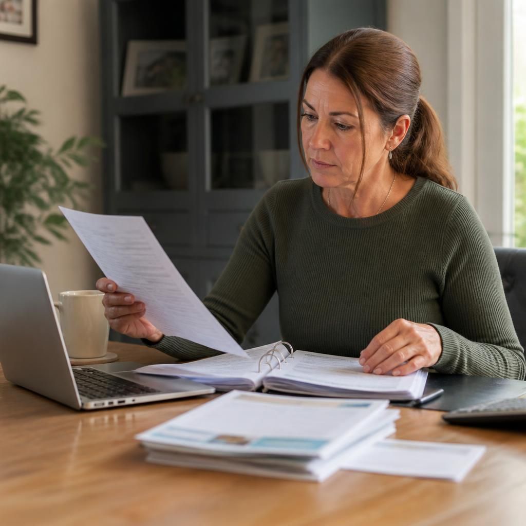 Foster carer reviewing assessment documents and household paperwork