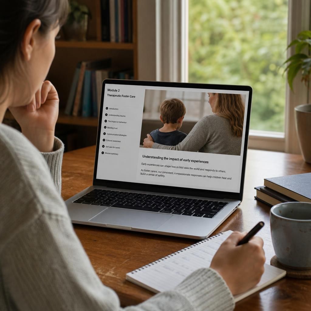 Person completing an online foster care training module on a laptop