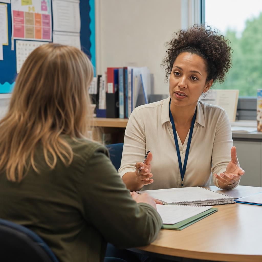 Foster carer speaking with a teacher at a school meeting