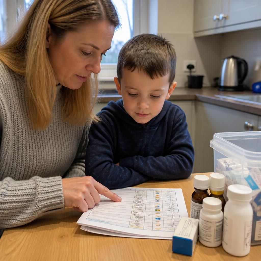 Foster carer checking a child’s medication chart beside labelled medicines
