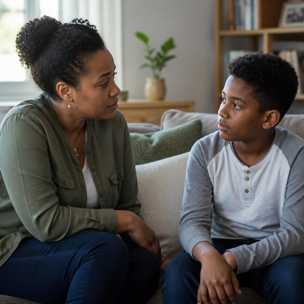 Single parent and child having a conversation at home