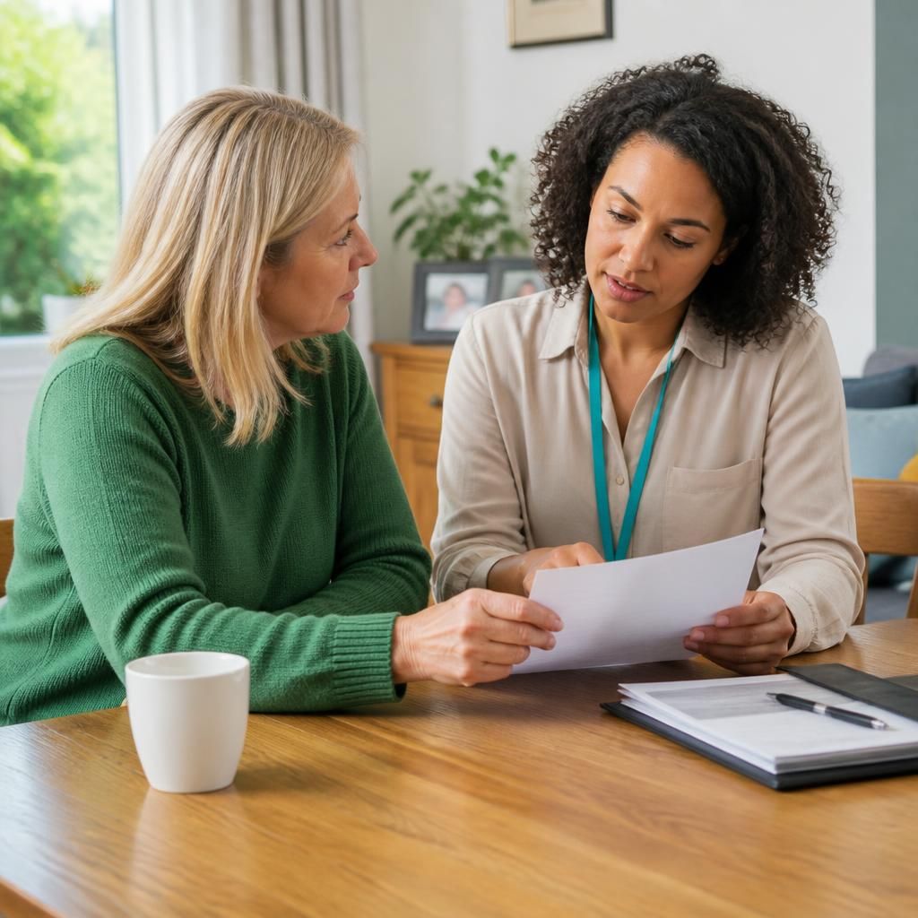 Kinship carer reviewing a written placement payment agreement with a social worker
