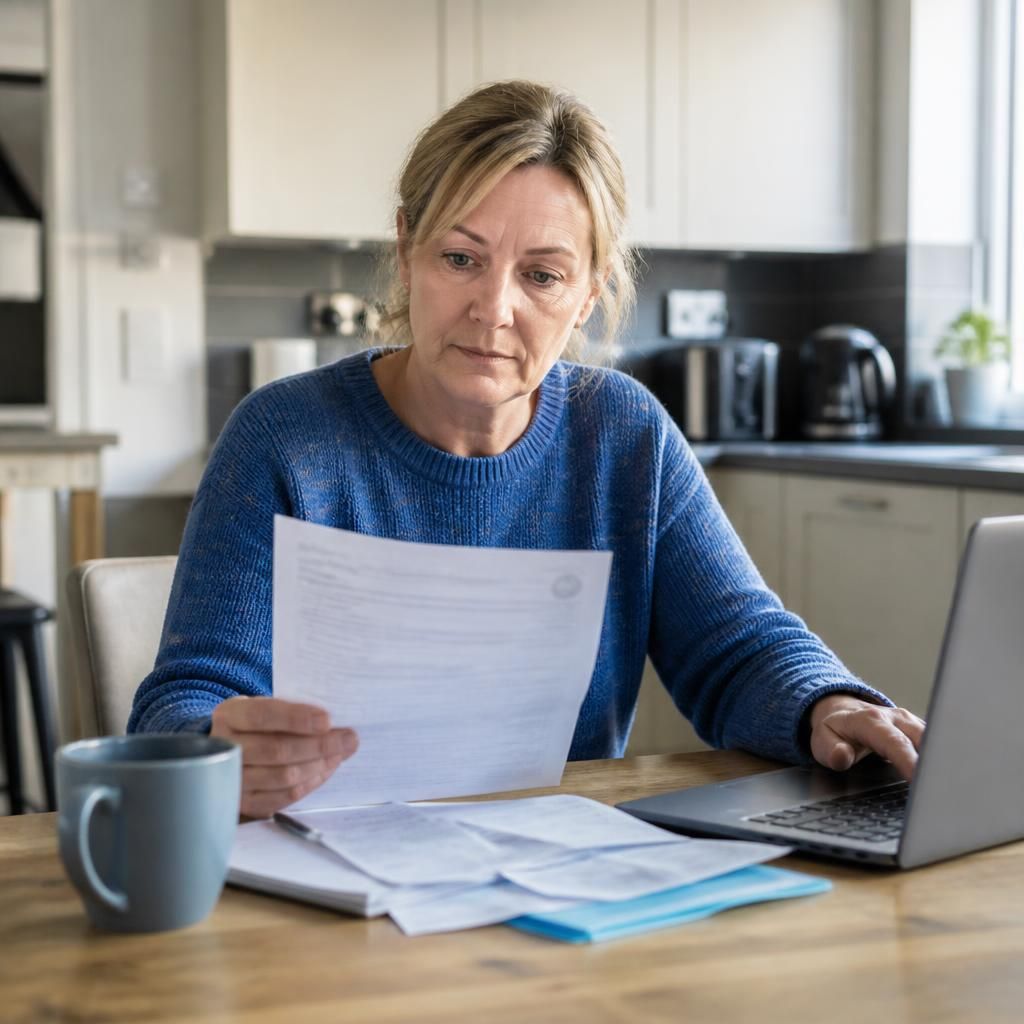 Foster carer reviewing household paperwork at a kitchen table