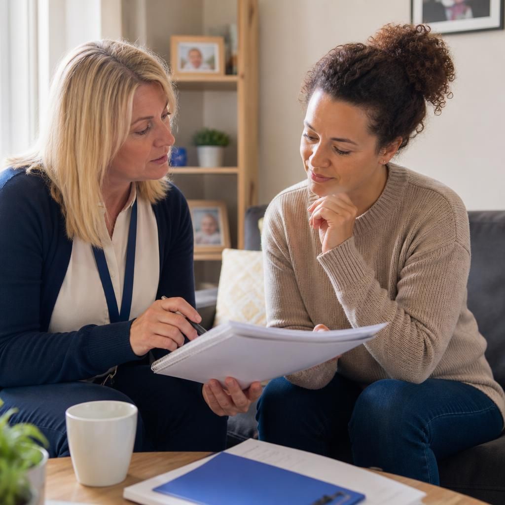 Foster carer reviewing training notes with a supervising social worker