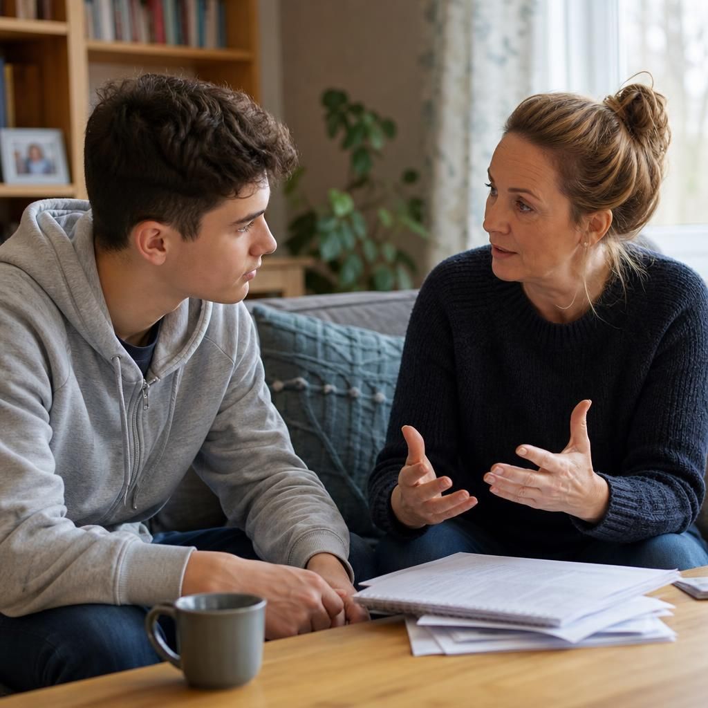 Young person and foster carer discussing plans at home
