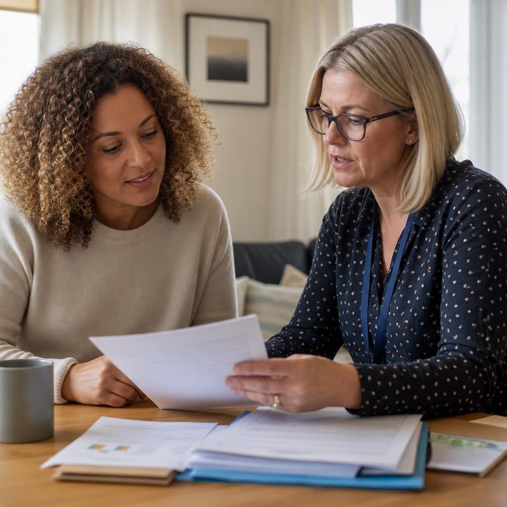 Foster carer reviewing safeguarding guidance with a social worker