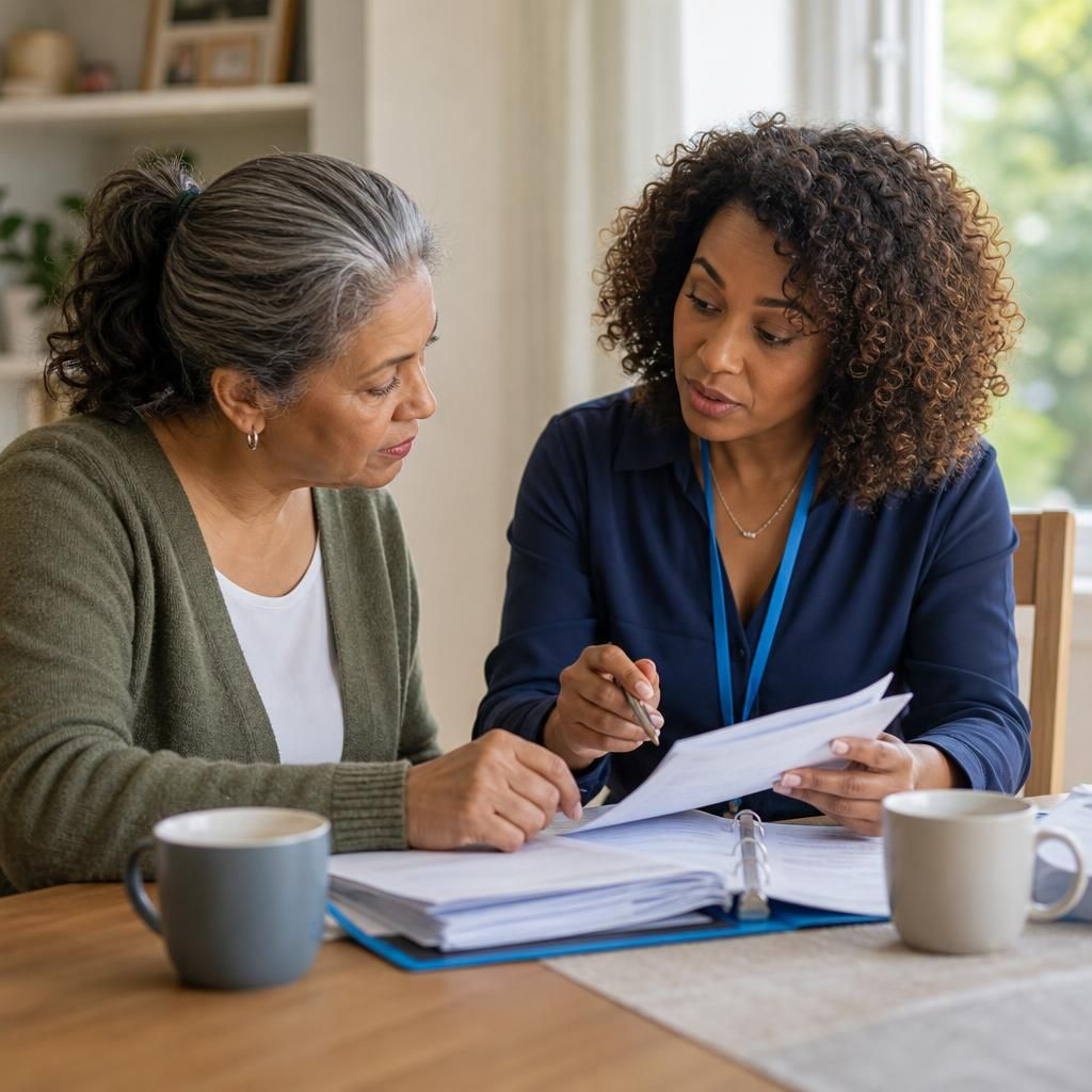 Kinship carer reviewing guidance documents with a social worker