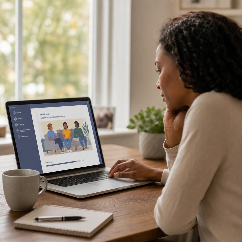Person completing a foster care training module on a laptop