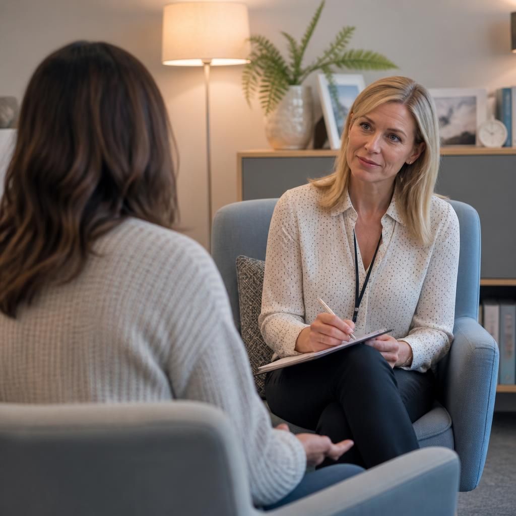 Foster parent speaking with a therapist during a private counselling session