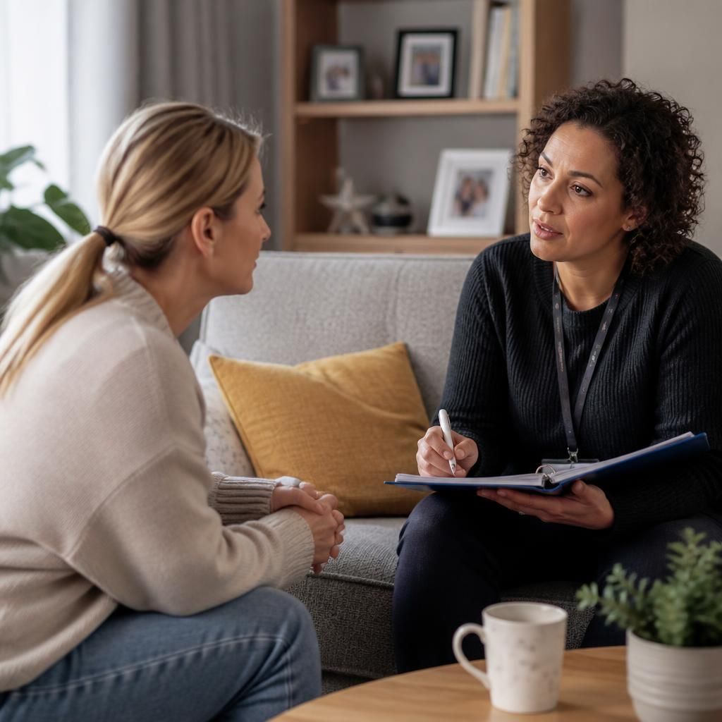 Foster carer speaking with a supervising social worker at home